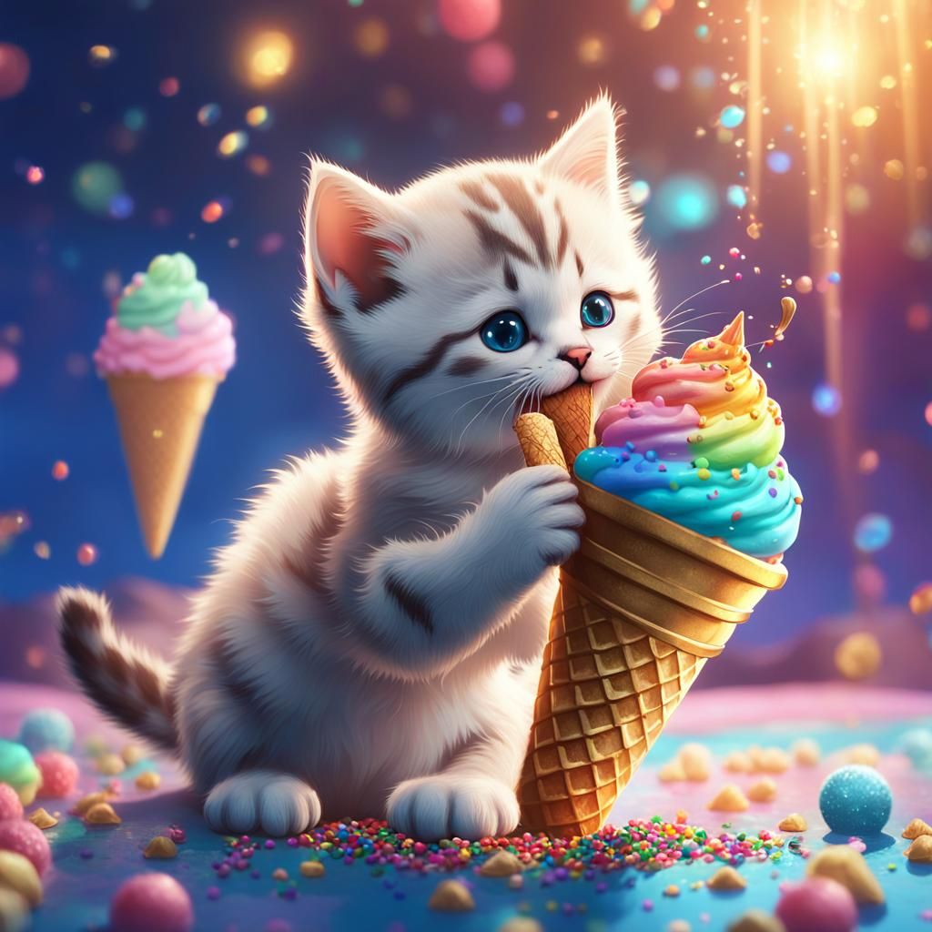 Whimsical Fantasy Kitten Licks Colorful Ice Cream