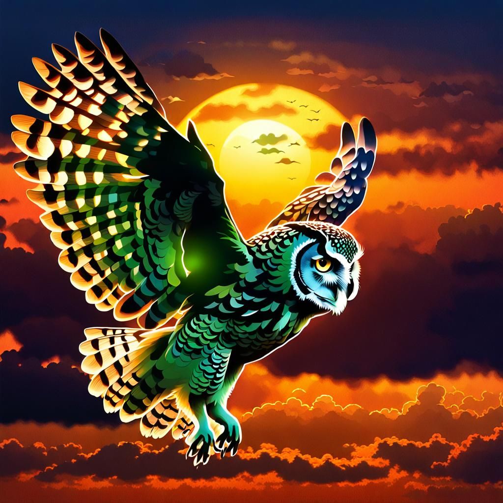 Owl Silhouetted Against Sunset Sky
