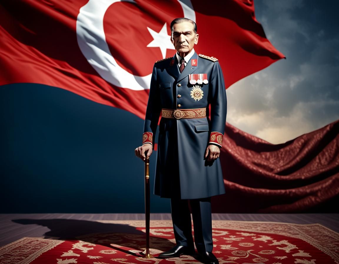 Atatürk Stands Before the Turkish Flag
