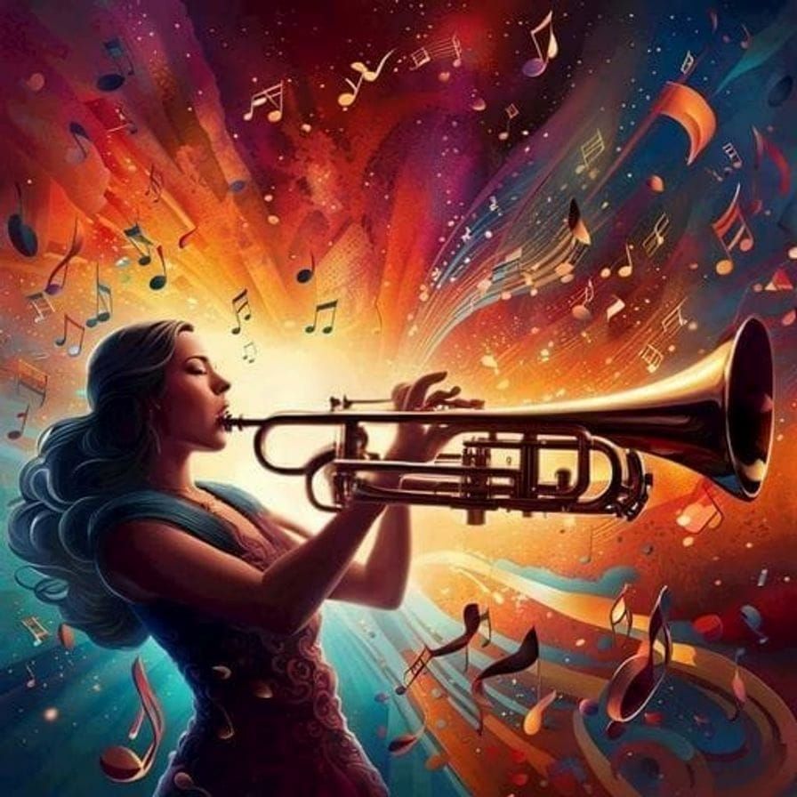 Woman Trumpet Player Merges with Music in Fantasy Art