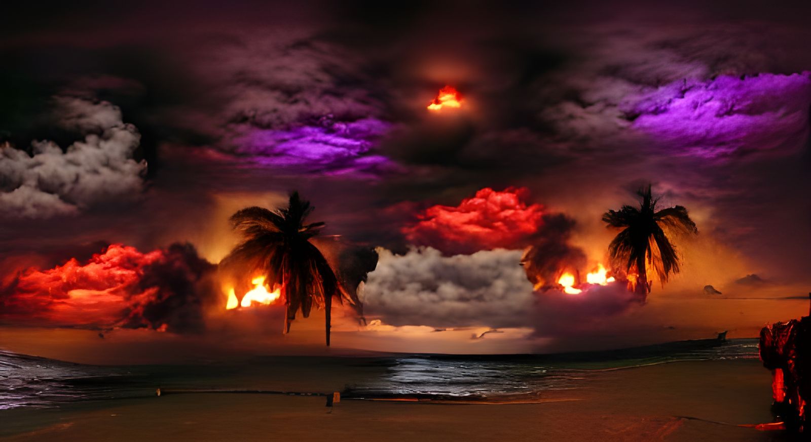 Tropical Beach Sunset With 3 Suns On Fire In The Sky