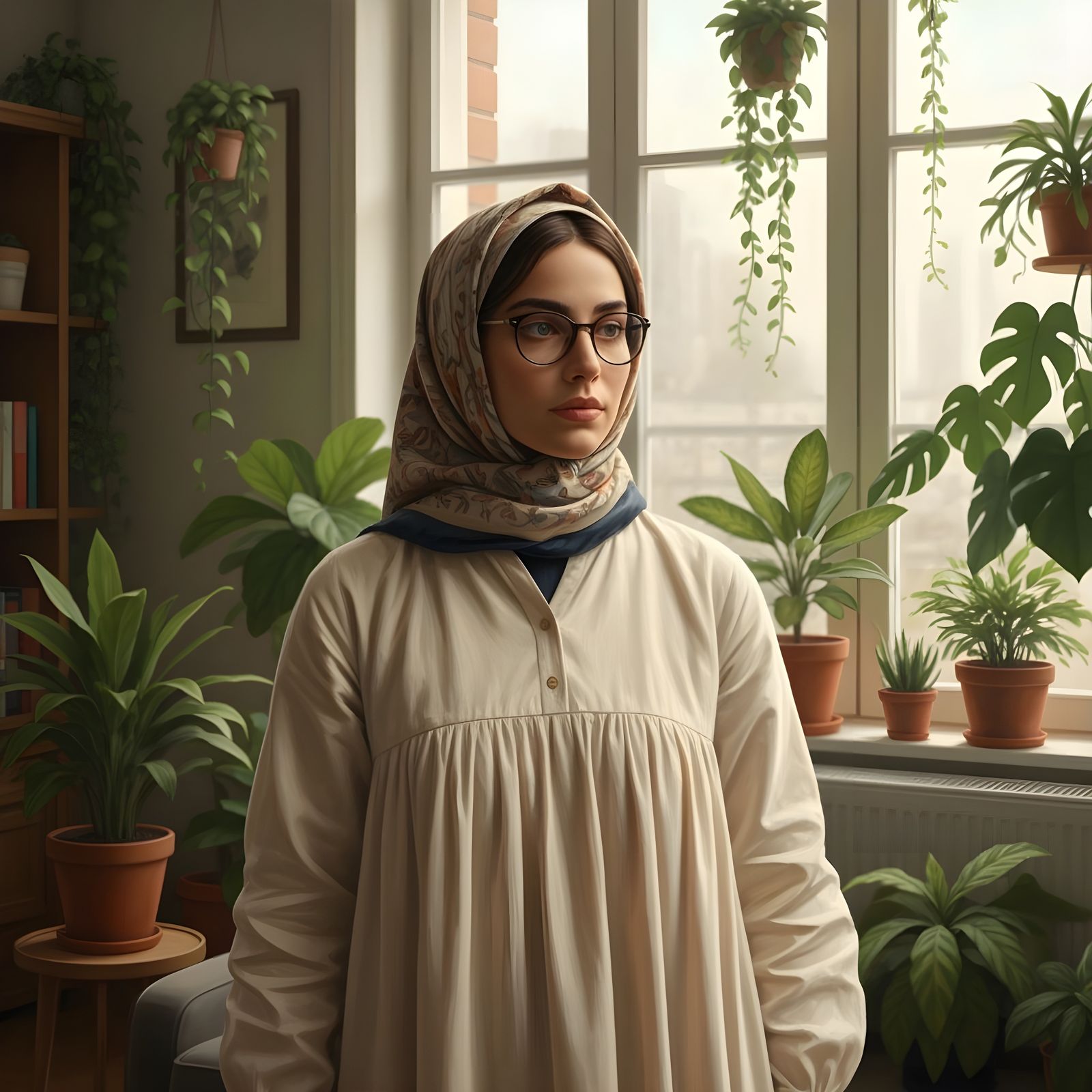 Beautiful Hijabi Woman Portrait in Planted Living Room