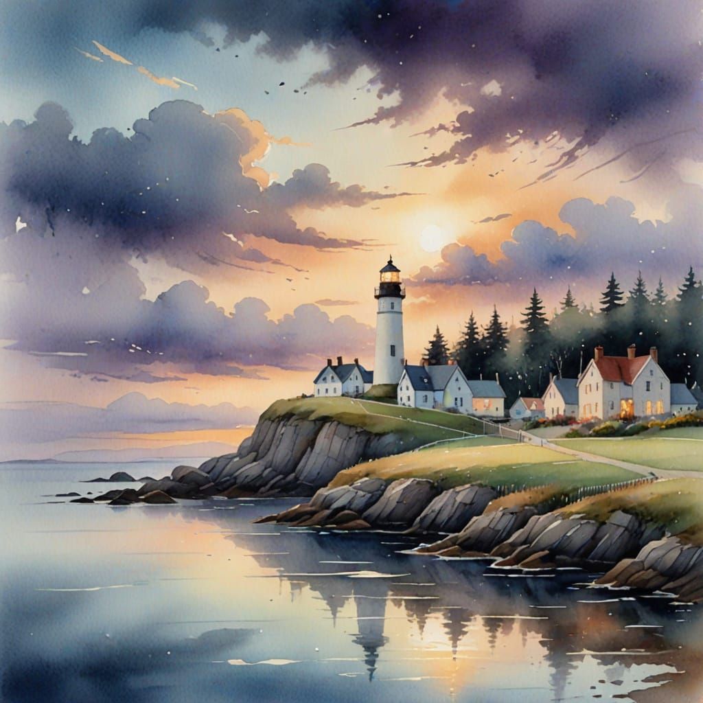 Ethereal Scottish Coastal Town at Dusk in Whimsical Watercol...