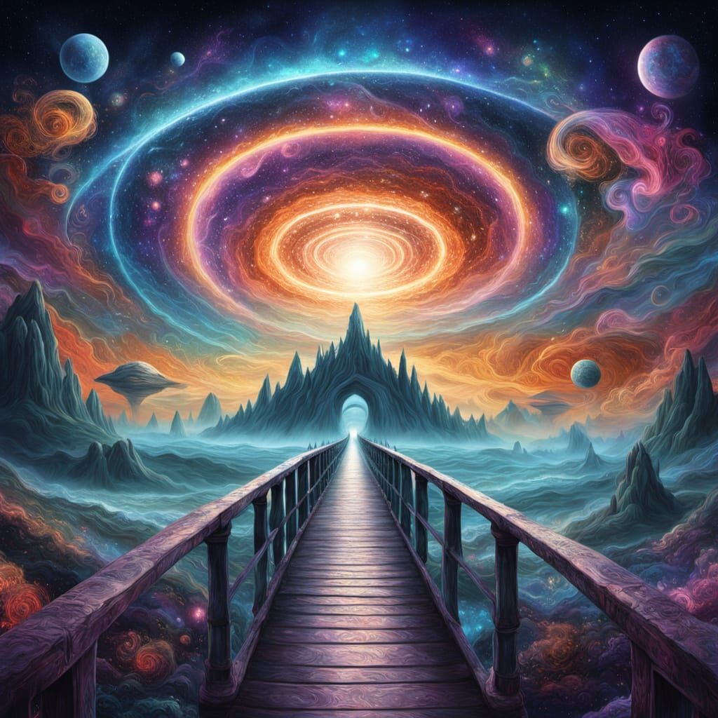 Surreal Cosmic Bridge in Vibrant, Iridescent Hues