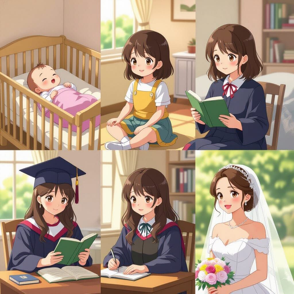 Girl's Life Stages in Anime Art Style