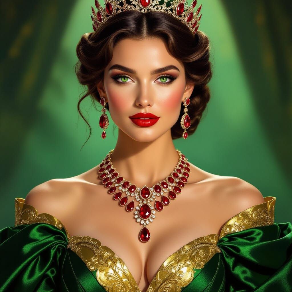 Regal Queen in Green and Gold Gown with Red Diamond Necklace