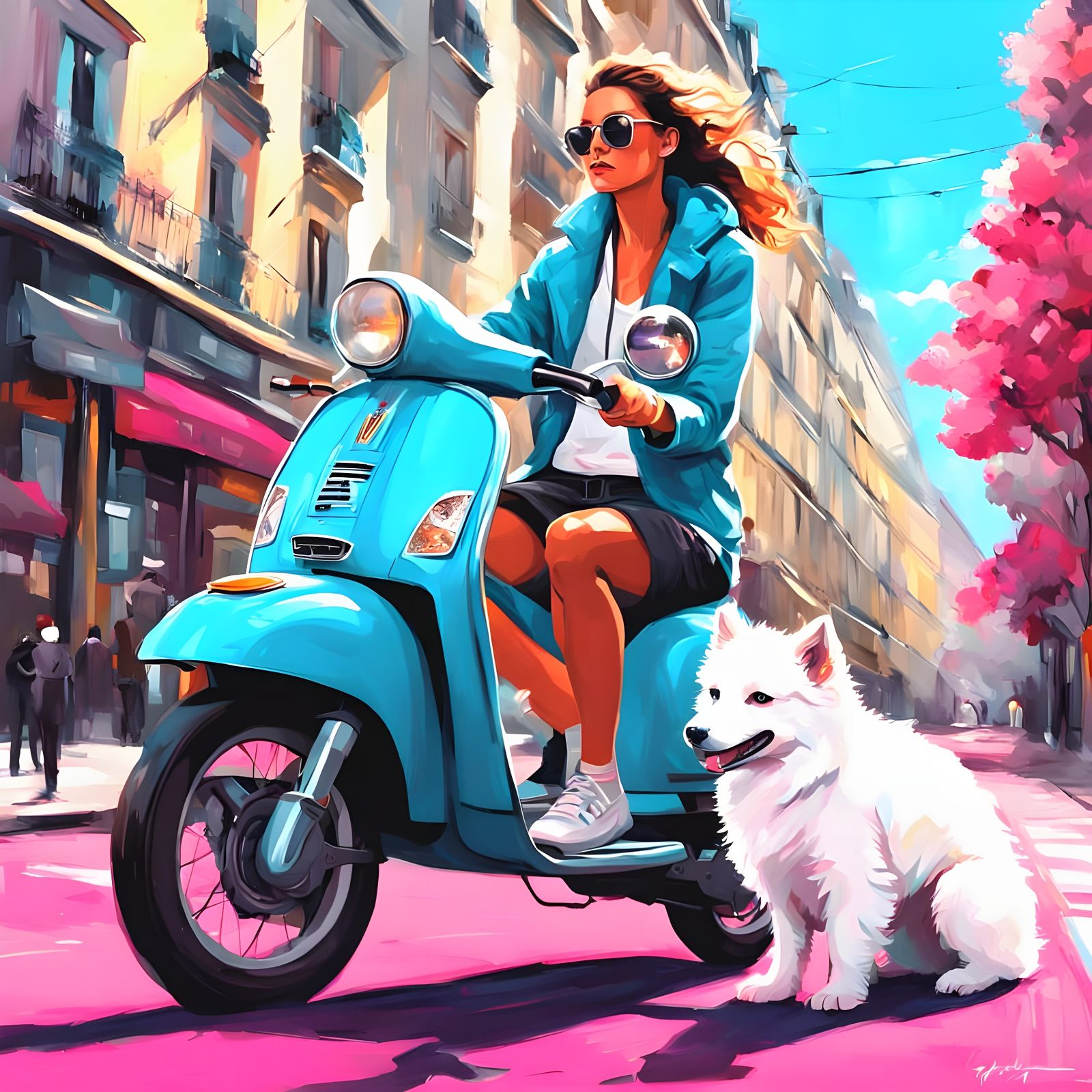 Elegant Parisian Girl on Vespa amidst Vibrant Spring Colors
