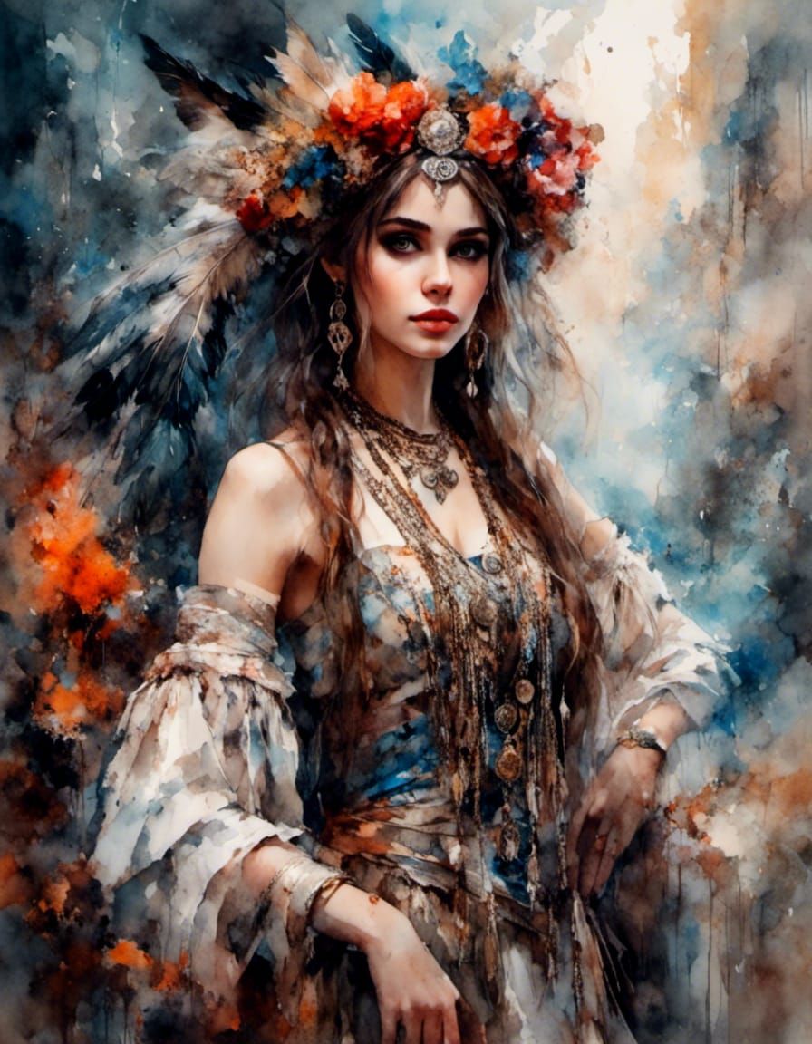 Fantasy Portrait of Girl in Nature, Gouache Painting