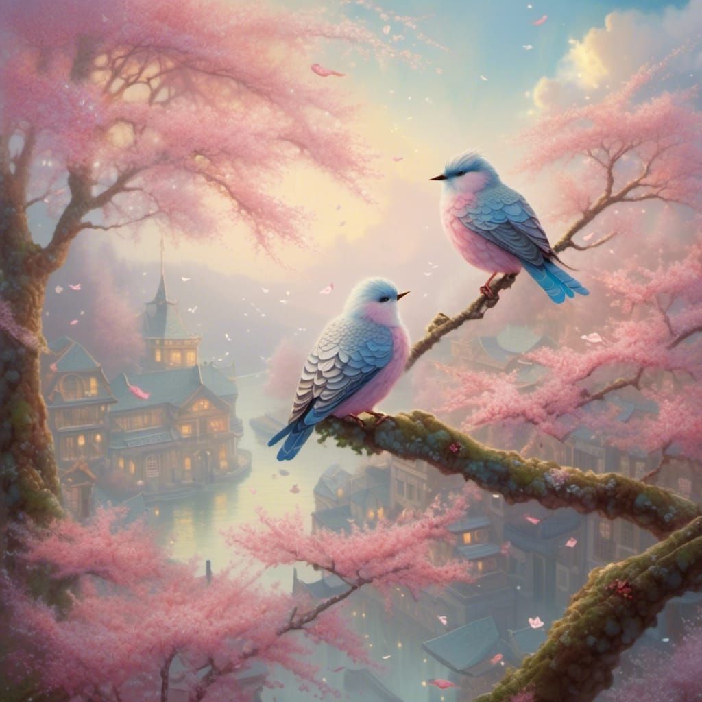Cherry Blossom Bird in Ethereal Fantasy Style