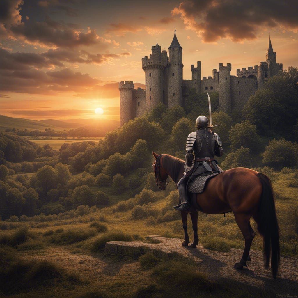 Tolkien-Style Knight and Castle Ruins at Sunset
