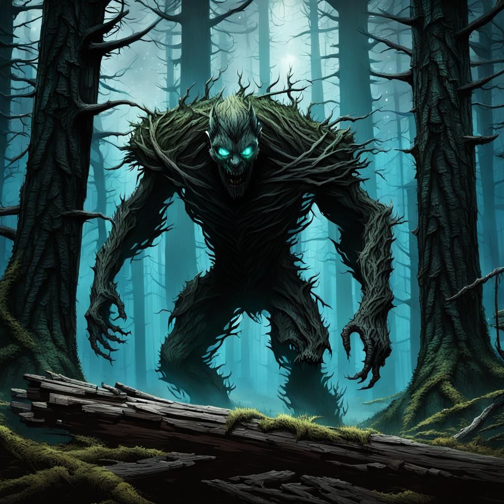 Lumber Lurker in Abandoned Forest: Dark Fantasy Concept