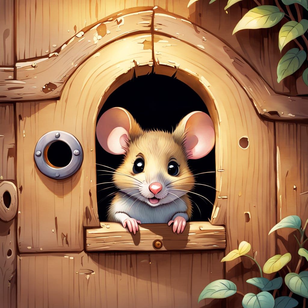 Shy Mouse Peeks Out, Watercolor Illustration