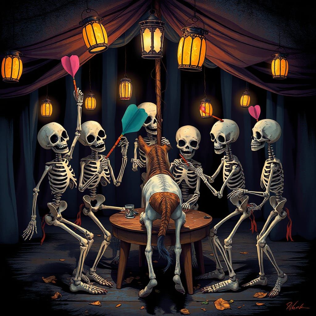 Skeletons Play Pin the Tail on Donkey in Spooky Carnival