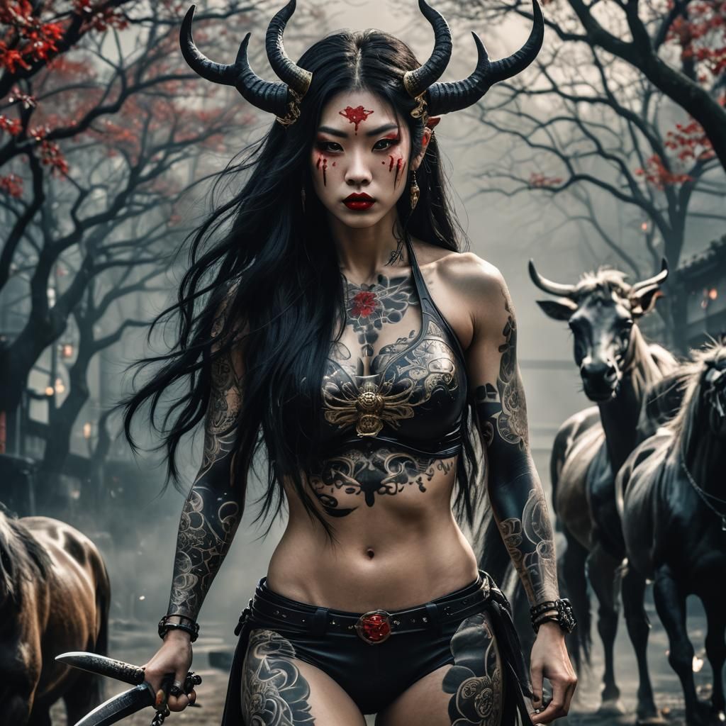 Beautiful Centaur Woman with Yakuza Tattoo in 4K