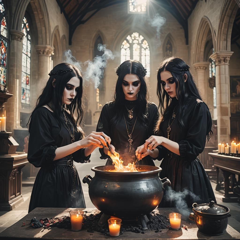 Goth Girls Brew Love Potion in Church