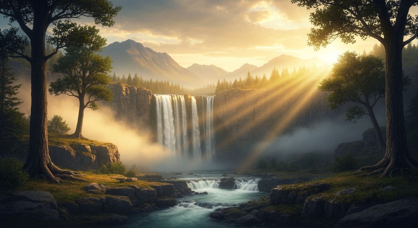 Majestic Waterfall at Dawn in Golden Sunlight