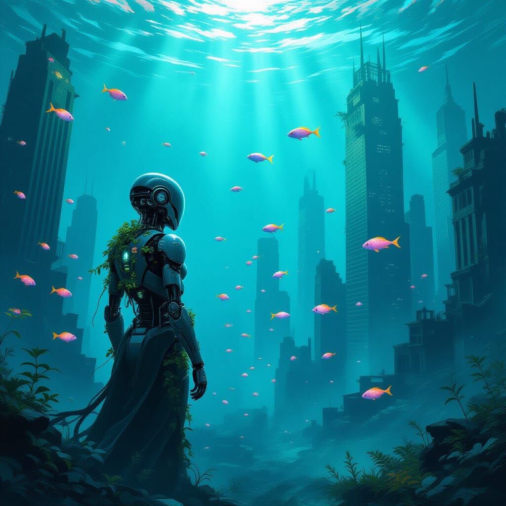 Android Surveys Alien Ocean Ruined Cityscape