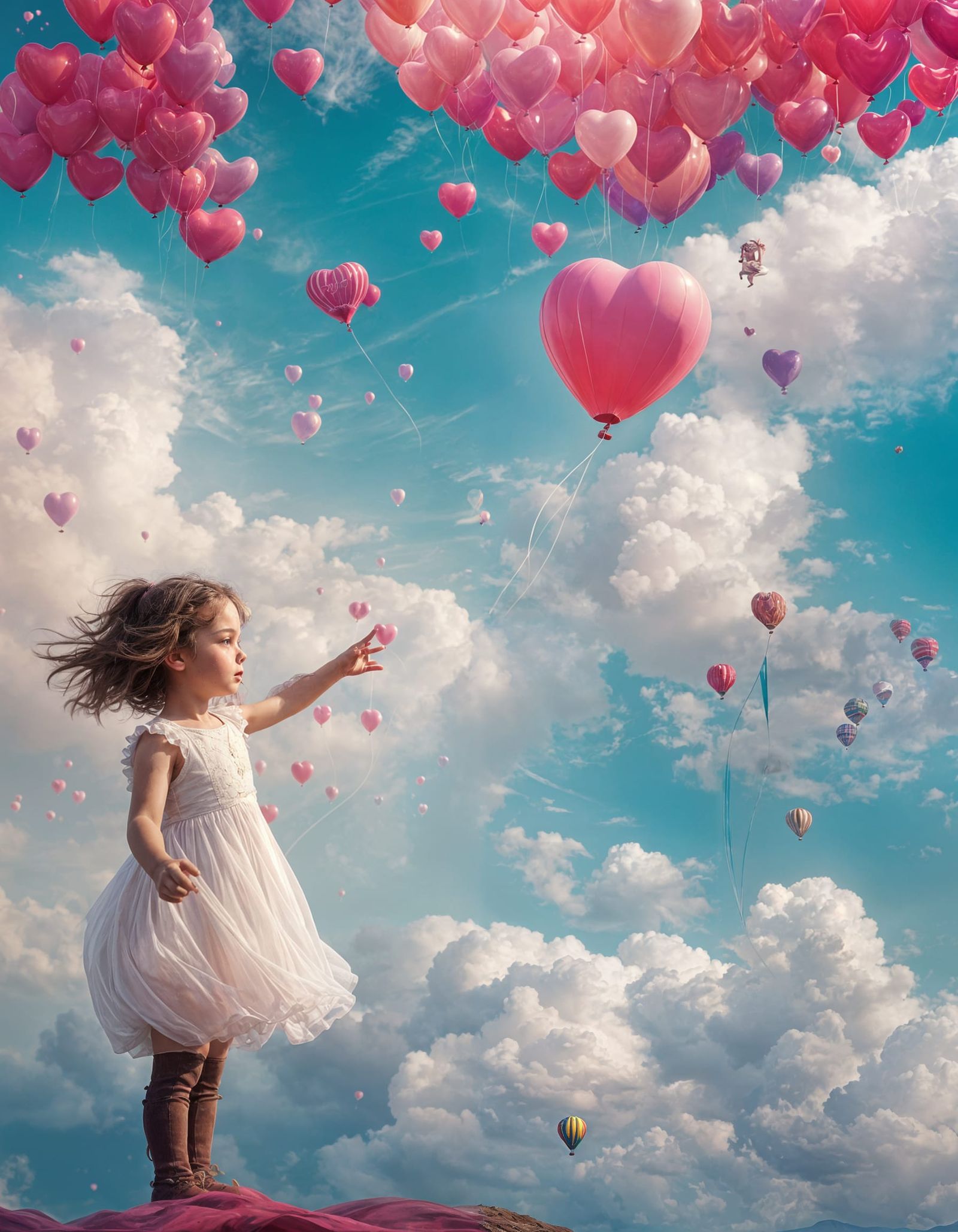Beautiful Child Reaches for Balloon in Whimsical Landscape