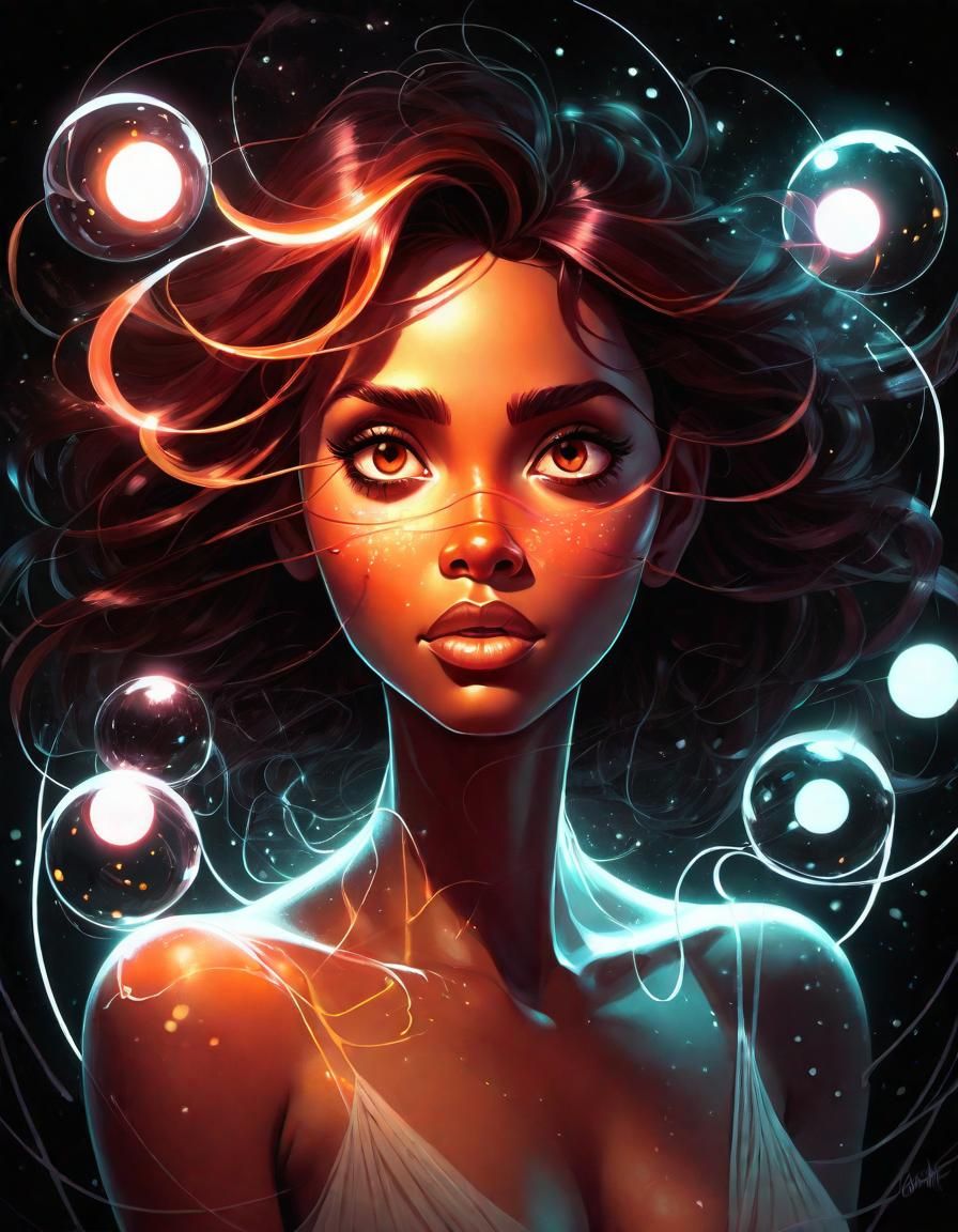 Portrait of Woman Surrounded by Glowing Orbs