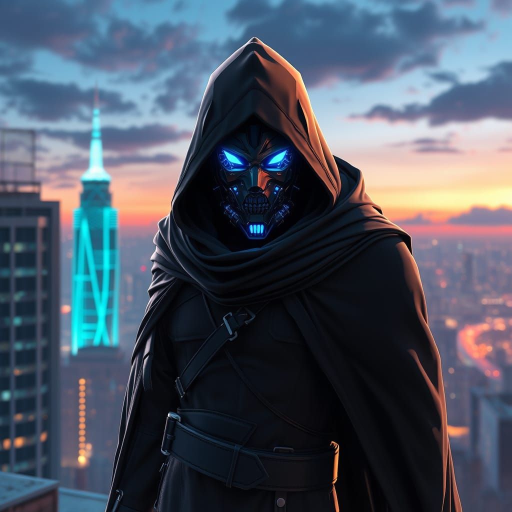 Heroic Vigilante in Robotic Mask Against City Skyline