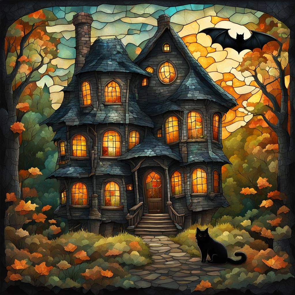 Fairytale House in Forest with Black Cat: Digital Art