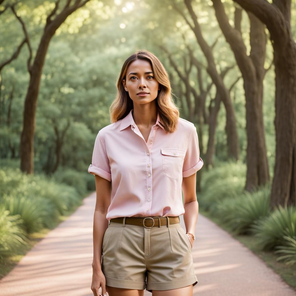 Confident Woman on Tree-Lined Path in Summer