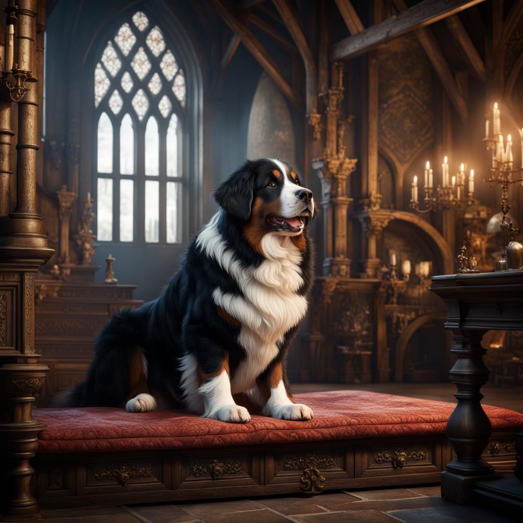 Bernese Mountain Dog in Medieval Interior