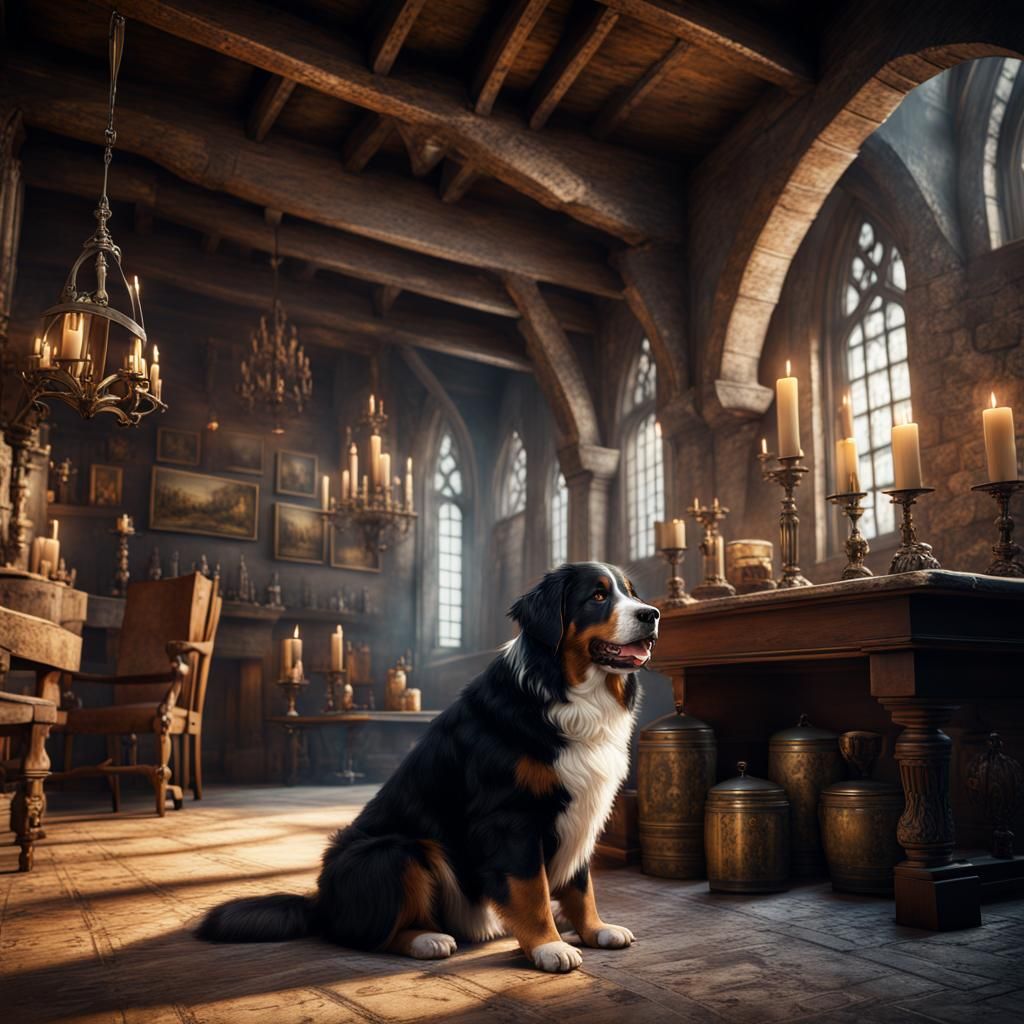 Bernese Mountain Dog in Medieval Fantasy Interior