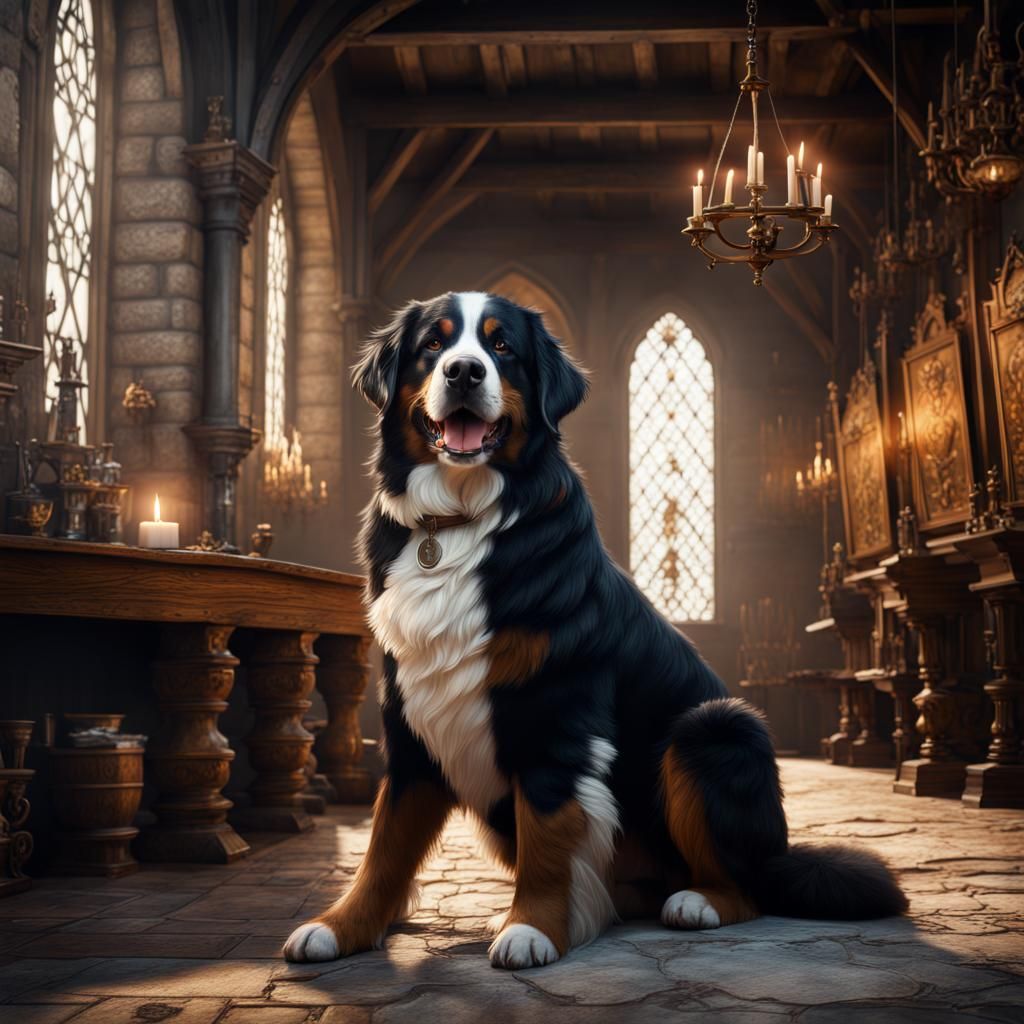 Bernese Mountain Dog in Medieval Interior