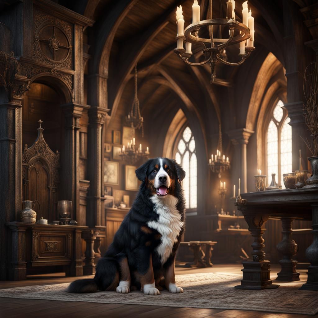 Bernese Mountain Dog in Medieval Interior: Detailed Matte Pa...
