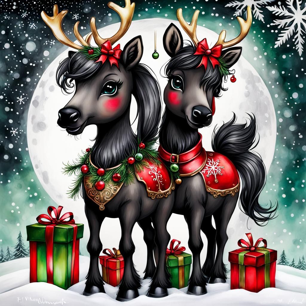 Whimsical Christmas Reindeer and Goth Unicorns in Alcohol In...