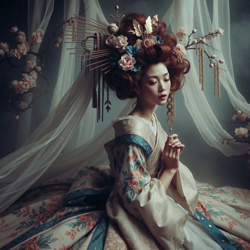 Ethereal Geisha in Whimsical Rococo Attire