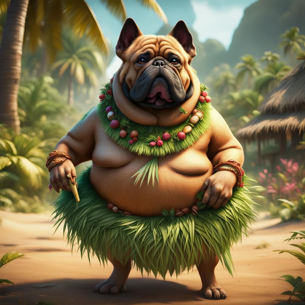 Humorous Dog in Grass Skirt, Fantasy Art