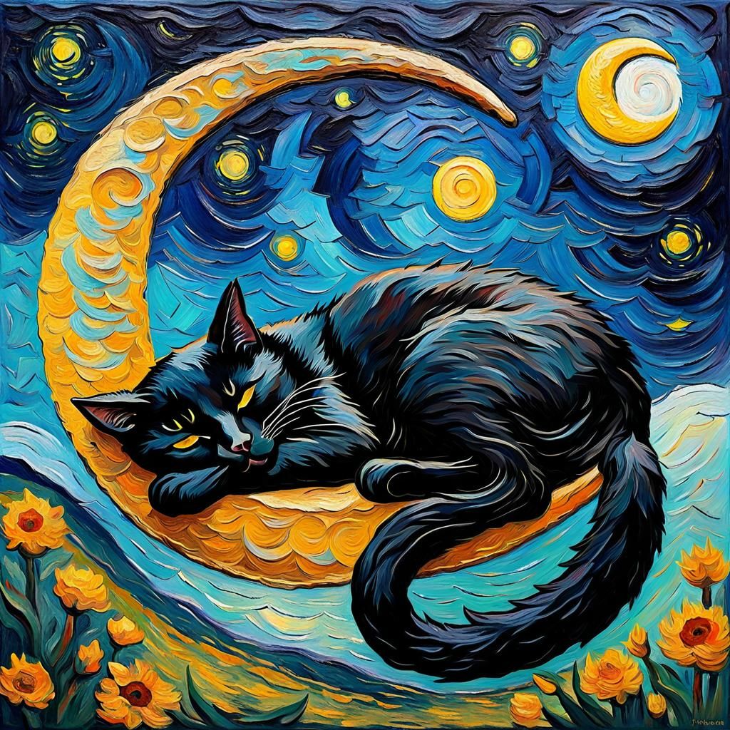 Black Cat Moon Nap in Van Gogh Style