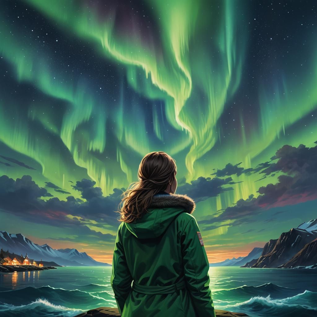 Woman Watching Aurora Borealis Oil Painting