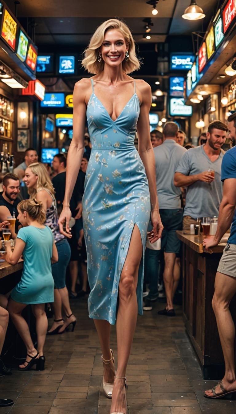 Extremely Tall Muscular Woman in Crowded Bar