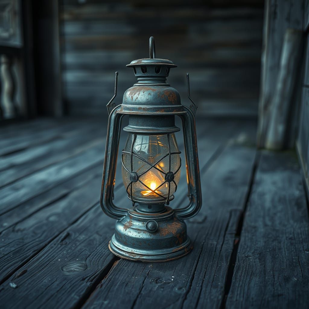 Hyperrealistic Abandoned Lantern Emitting a Faint Glow