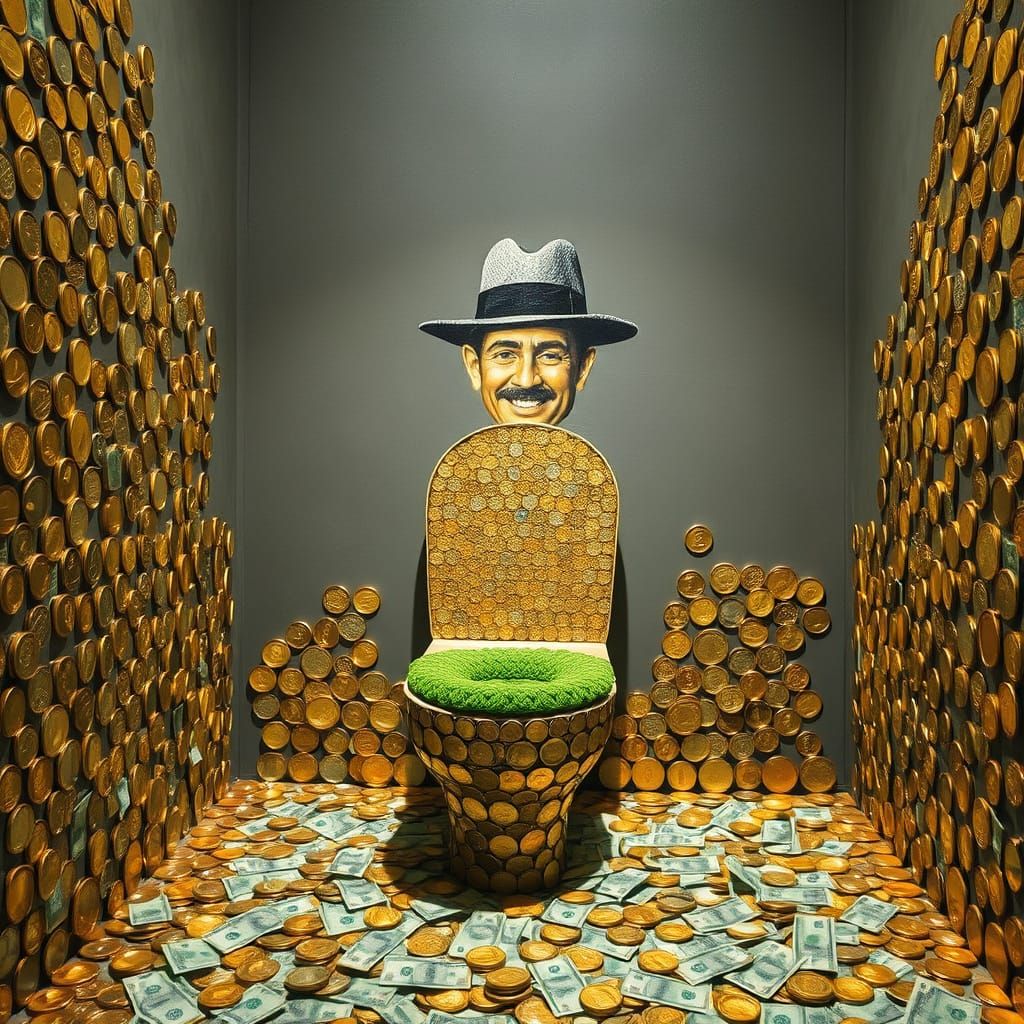 Surreal Golden Coin Toilet in Dali-Inspired Dreamscape