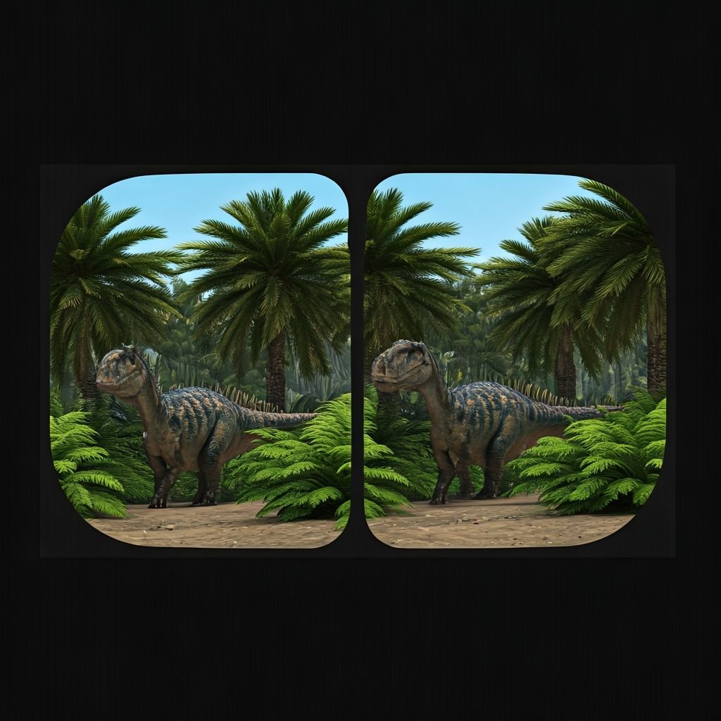 Split Screen Diorama of Dinosaurs in Palm Forest