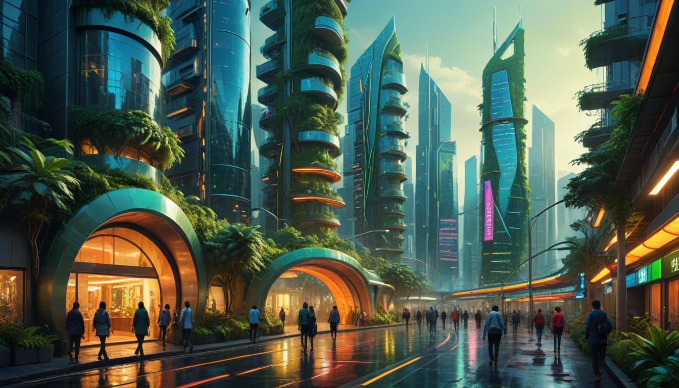 Vibrant Futuristic Cityscape with Diverse People