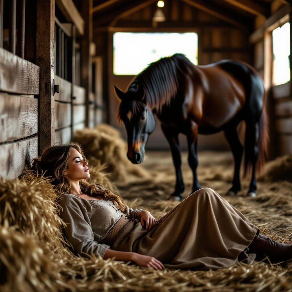 Serene Stable Scene with Woman and Black Stallion