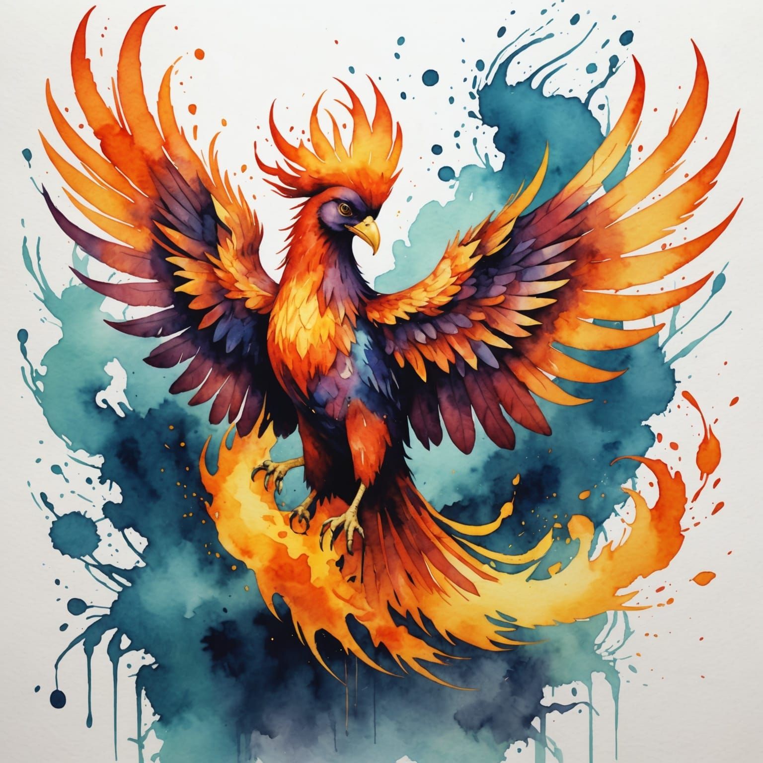 Watercolor Phoenix Rising from Ashes