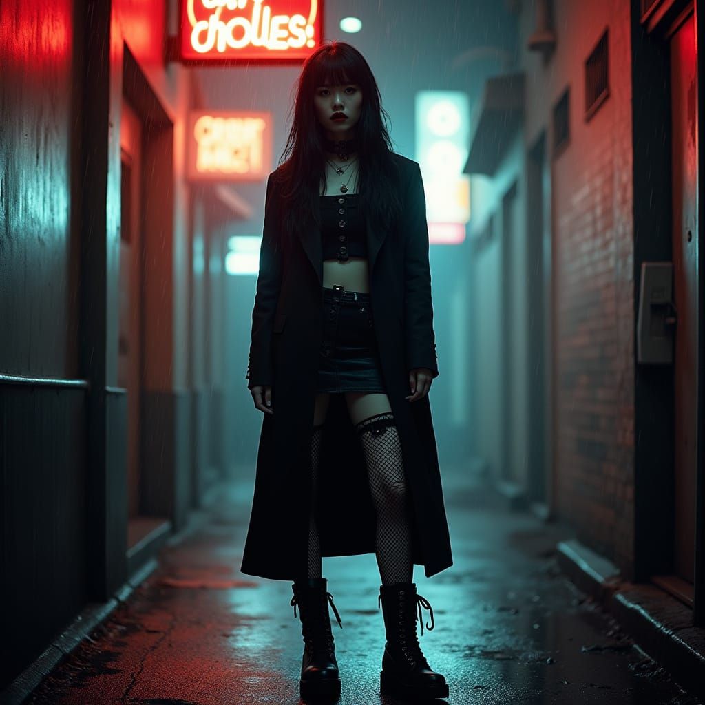 Gothic Non-Binary Figure in Rain-Slicked Alleyway