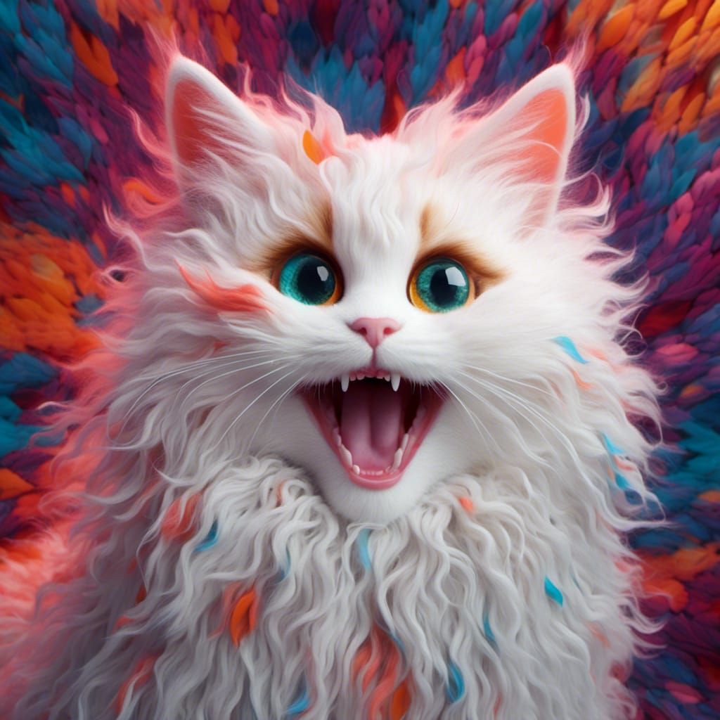 Cute Angora Cat with Multicolored Fur, Abstract Art