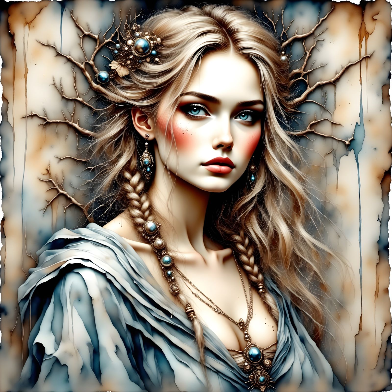 Ethereal Norse Goddess in Antique Watercolor Style