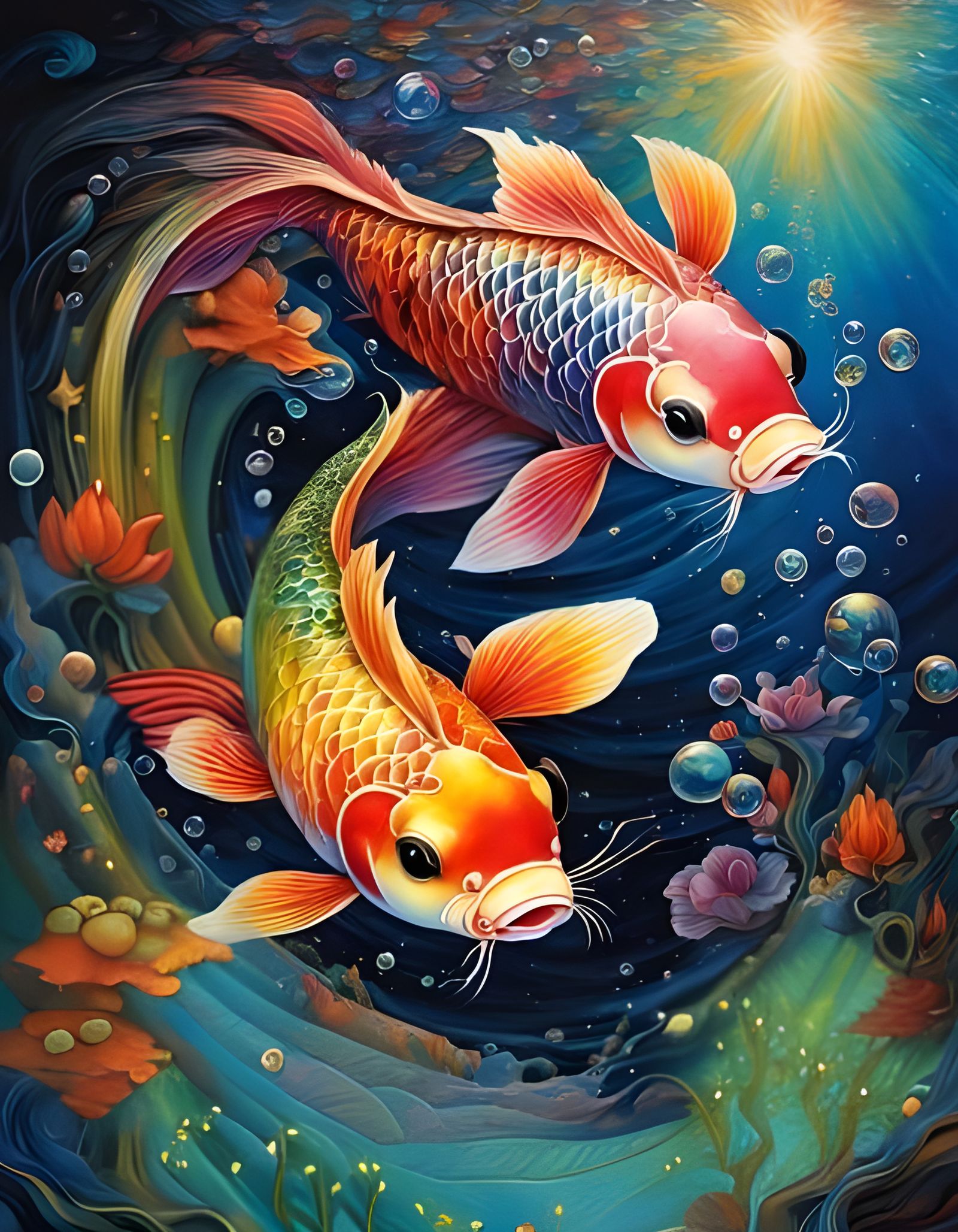 Rainbow Koi Fish in Dark Water with Bubbles
