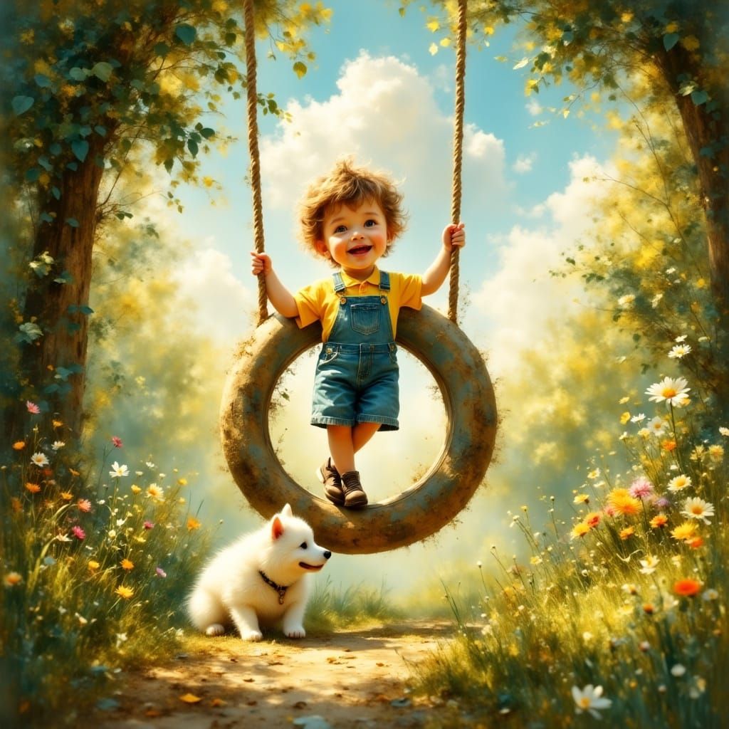 Whimsical Boy Watches Over His Puppy in a Sunny Meadow