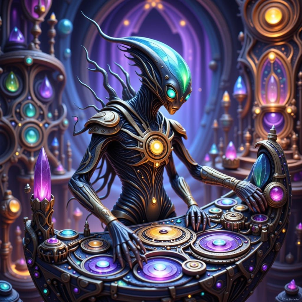 Alien Merchant at Nebula Market in Art Deco Style