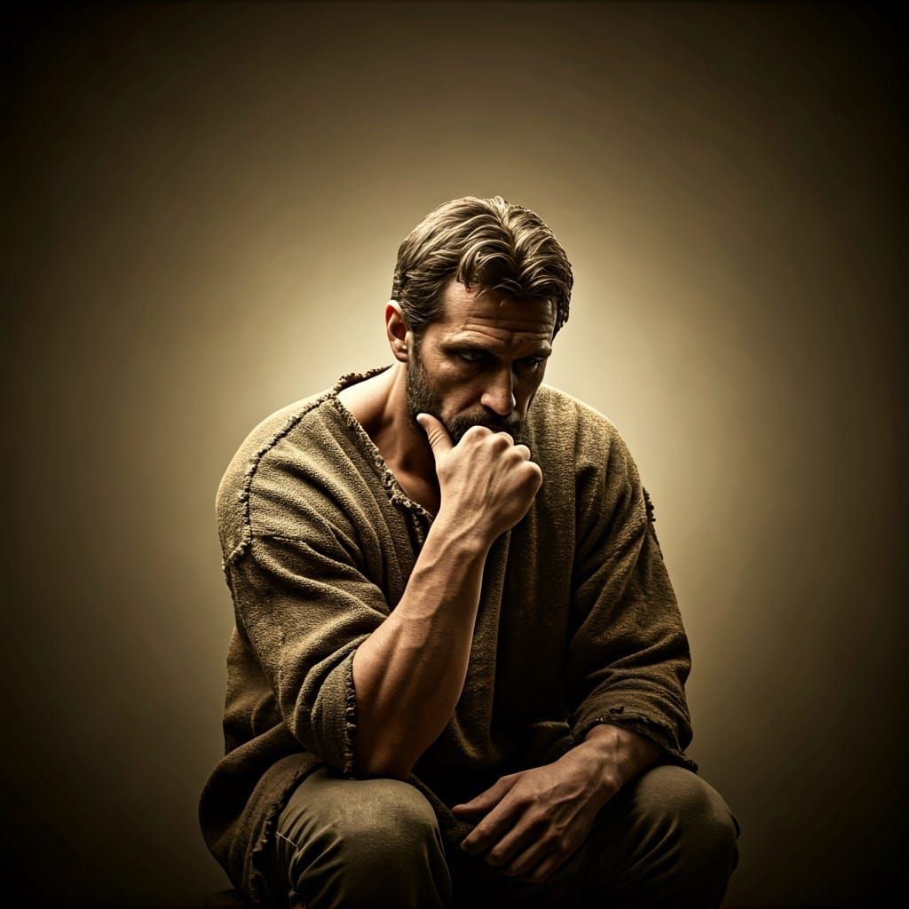 Contemplative Male Figure in Earth-Toned Tunic, Inspired by ...