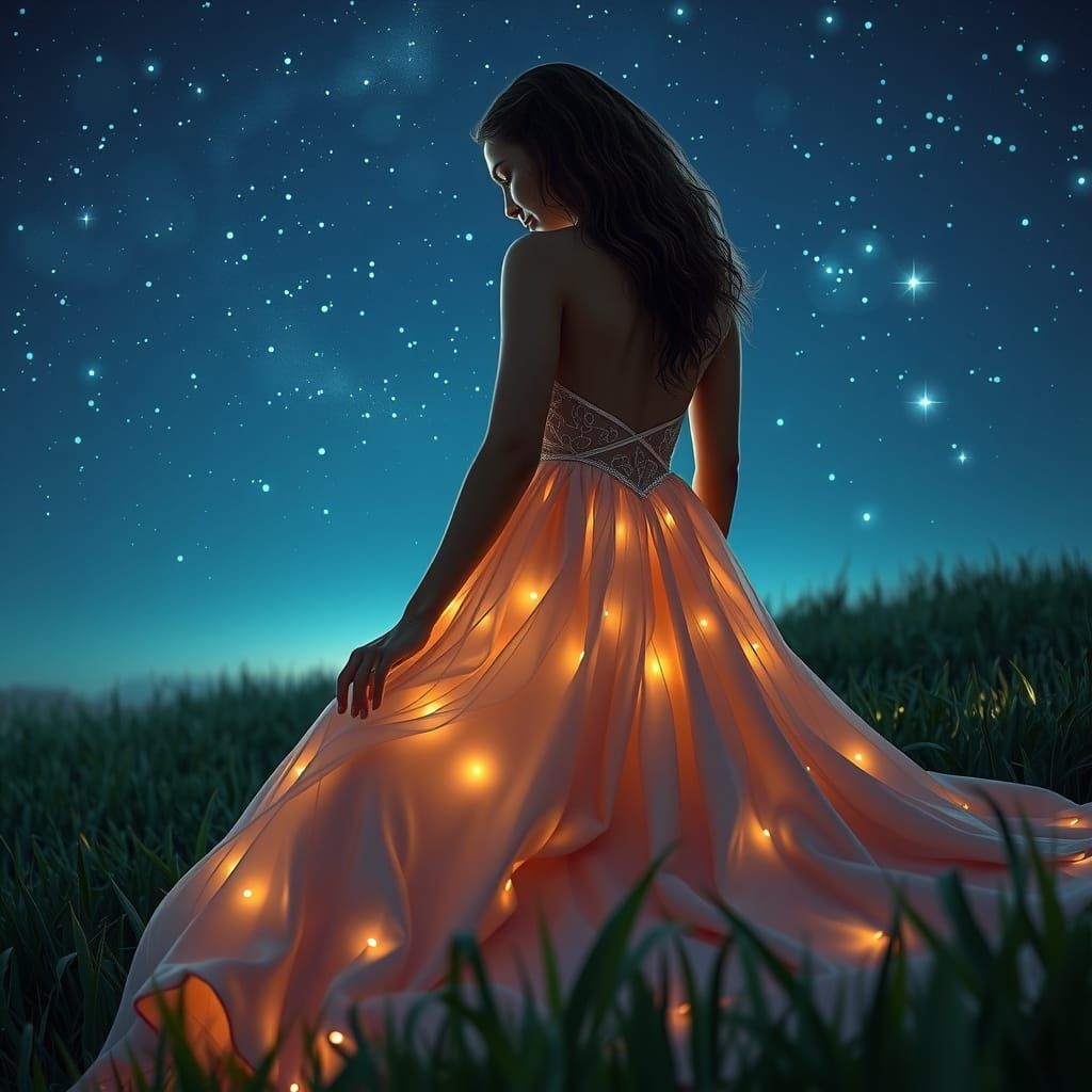 Ethereal Lady in Glowing Gown Under Stars